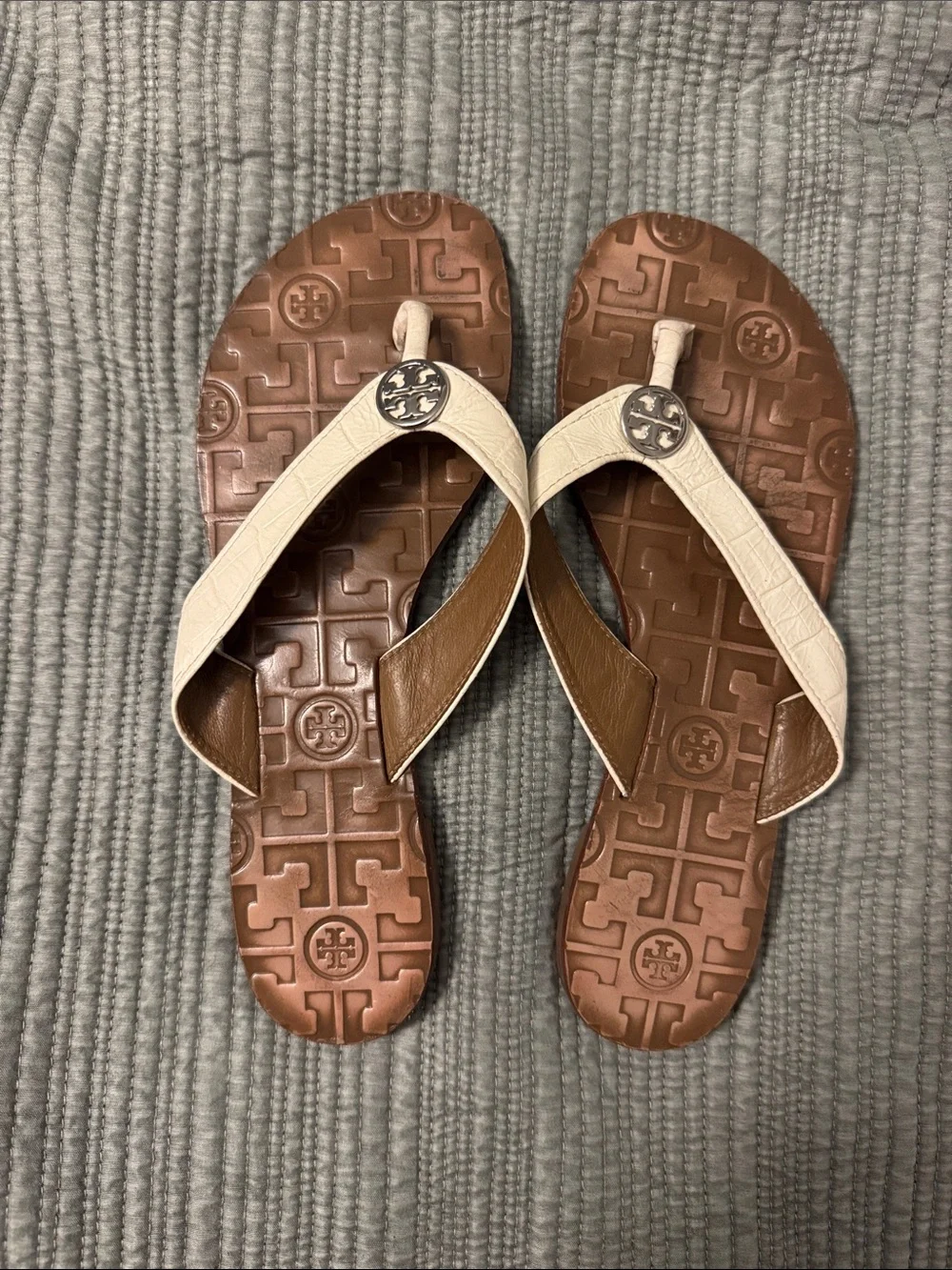 Tory Burch Light Cream Leather and Brown Logo-Embossed Thong Sandals